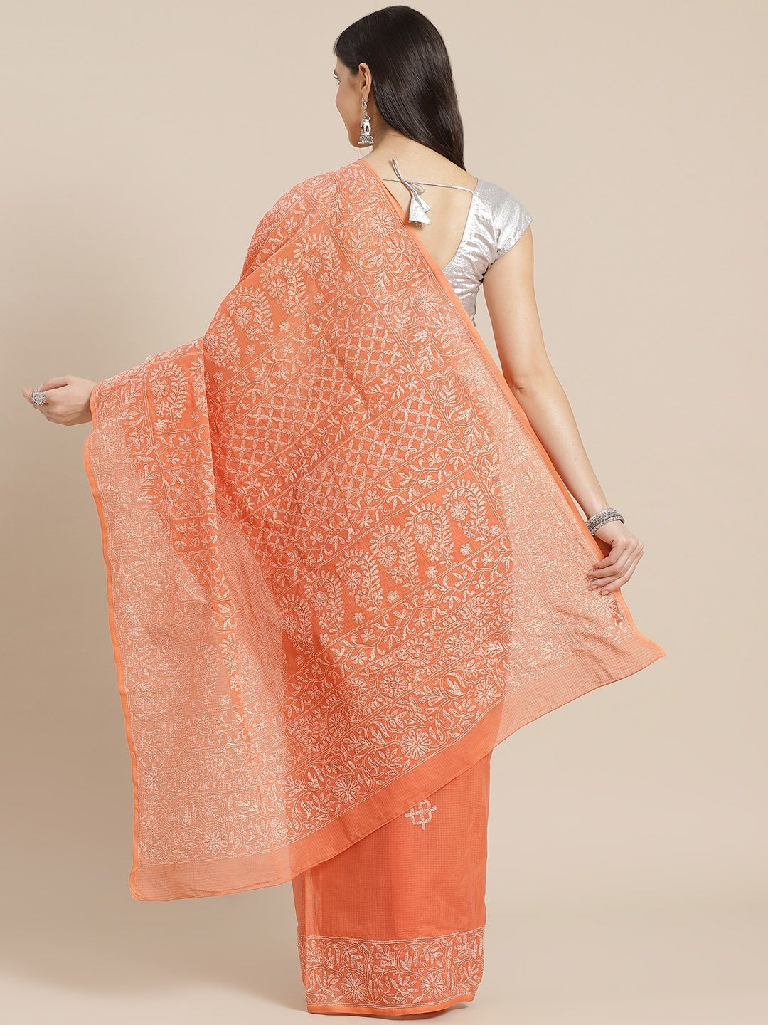 Ada Hand Embroidered Rust Kota Lucknow Chikan Saree With Blouse- A311225