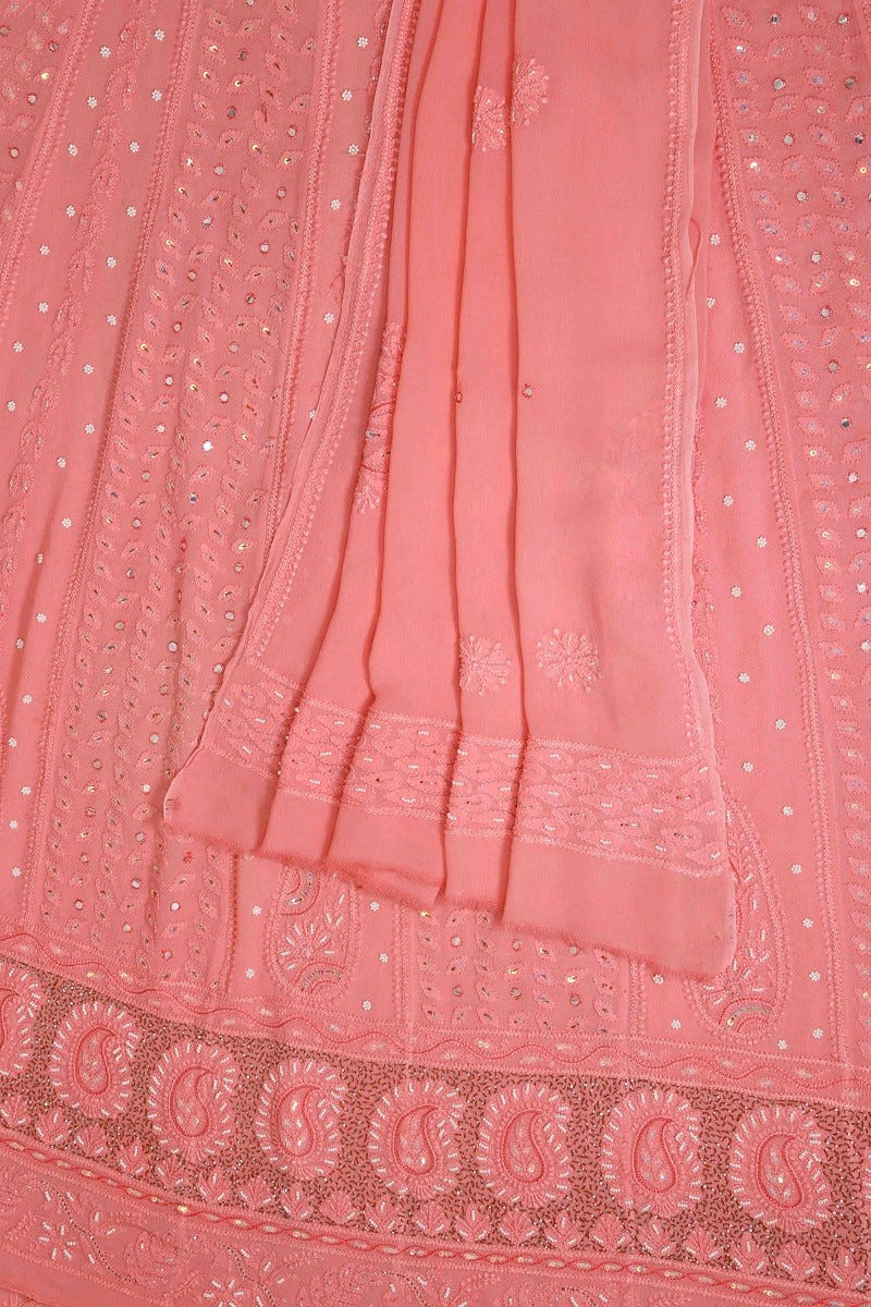 Ada Hand Embroidered Peach Georgette Lucknowi Chikan Semi-Stitched Anarkali Kurta Dupatta Set With Sequinned Work A595401