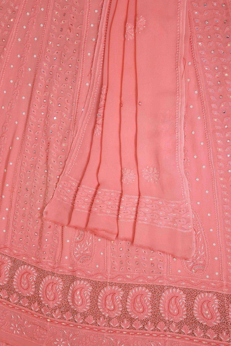 Ada Hand Embroidered Peach Georgette Lucknowi Chikan Semi-Stitched Anarkali Kurta Dupatta Set With Sequinned Work A595401