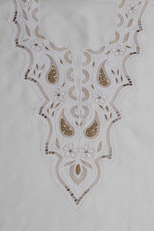 Ada Hand Embroidered White Chanderi Lucknowi Chikan Unstitched Kurta Piece-A485138