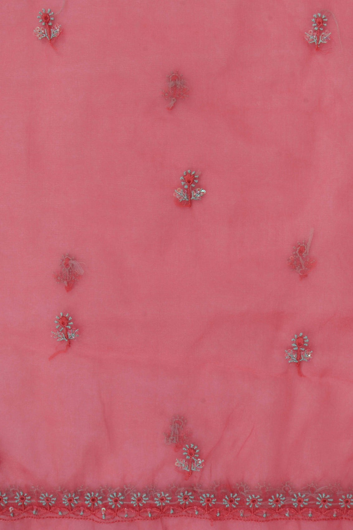 Ada Hand Embroidered Carrot Pink Organza Lucknowi Chikankari Unstitched Kurta Dupatta Set With Cutdana Work 01A121931