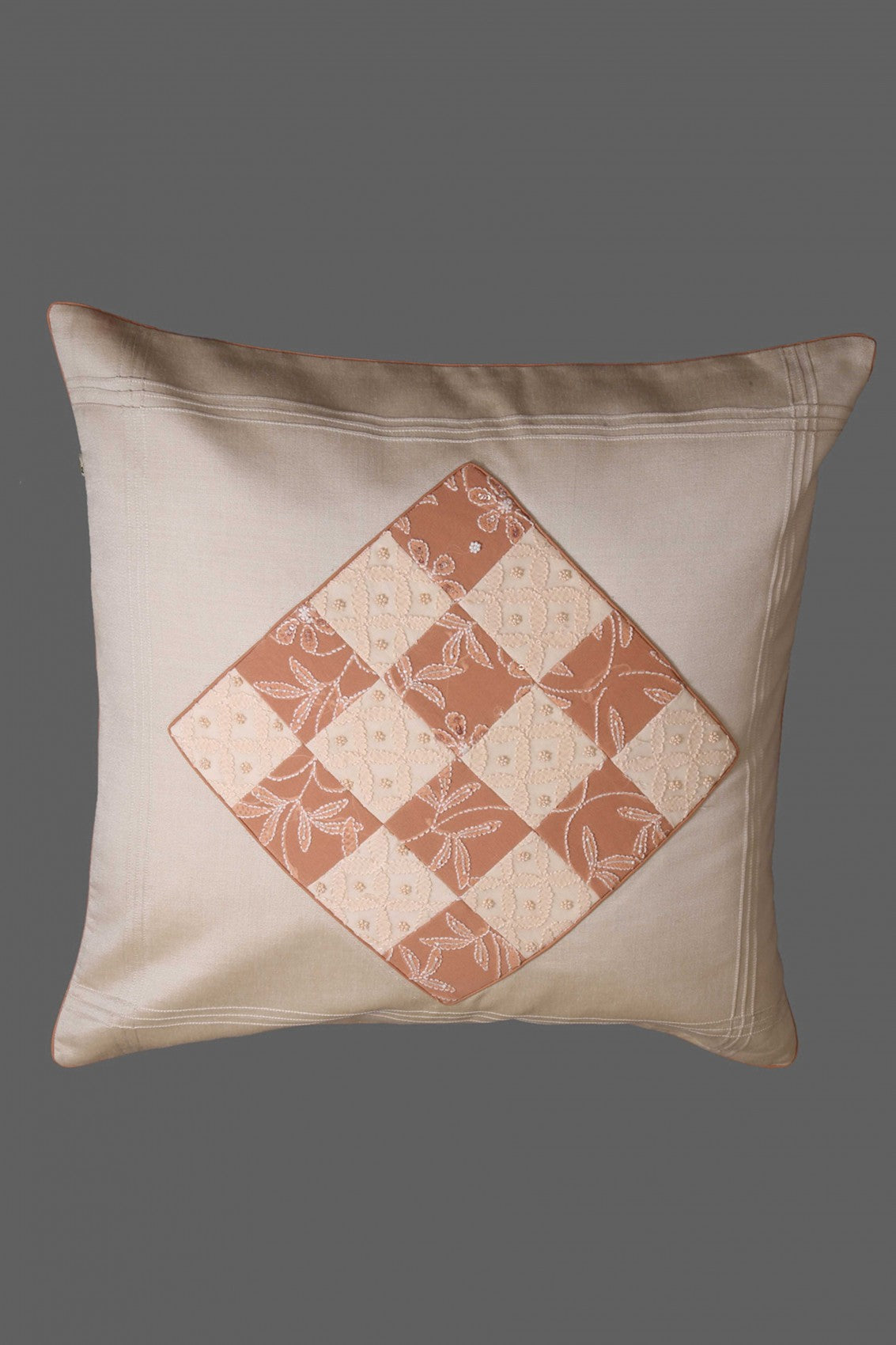 Ada Hand Embroidered Fawn Silk Lucknowi Chikankari Cushion Cover With Pearl Work 01A102794