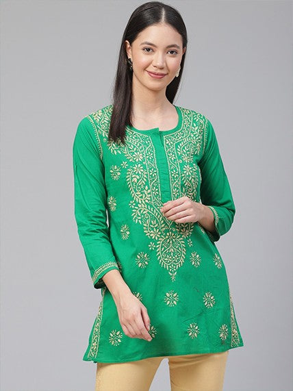 Ada Hand Embroidered Green Cotton Lucknowi Chikankari Straight Kurti A250627