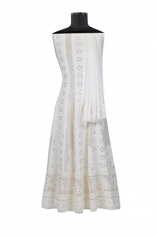 Ada Hand Embroidered White Georgette Semi-stitched Anarkali Kurta Dupatta With Muqaish Work-A614212