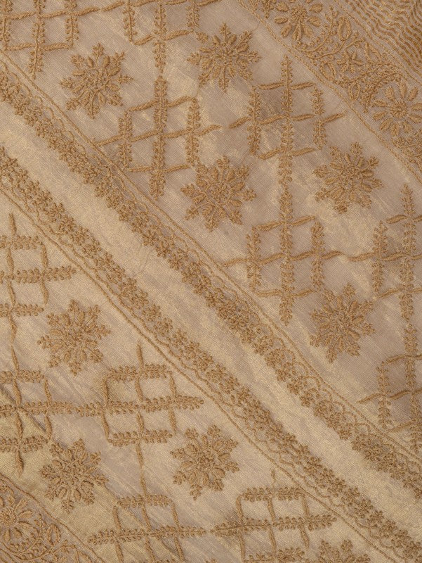 Ada Hand Embroidered Natural Fawn Tissue Lucknowi Chikankari Saree With Blouse A606169