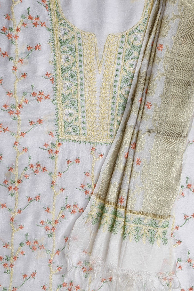 Ada Hand Embroidered White Chanderi Lucknowi Chikan Unstitched Kurta Dupatta A609922