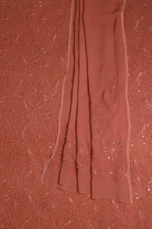 Ada Hand Embroidered Cinnamon Brown Georgette Lucknowi Chikan Unstitched Kurta Dupatta Set With Pearl & Sequinned Work-A611680