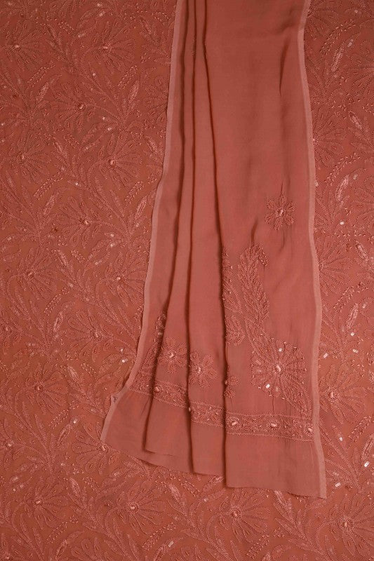 Ada Hand Embroidered Cinnamon Brown Georgette Lucknowi Chikan Unstitched Kurta Dupatta Set With Pearl & Sequinned Work-A611680