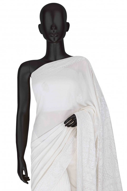 Ada Hand Embroidered White Pure Georgette Lucknow Chikan Saree with Blouse A342798