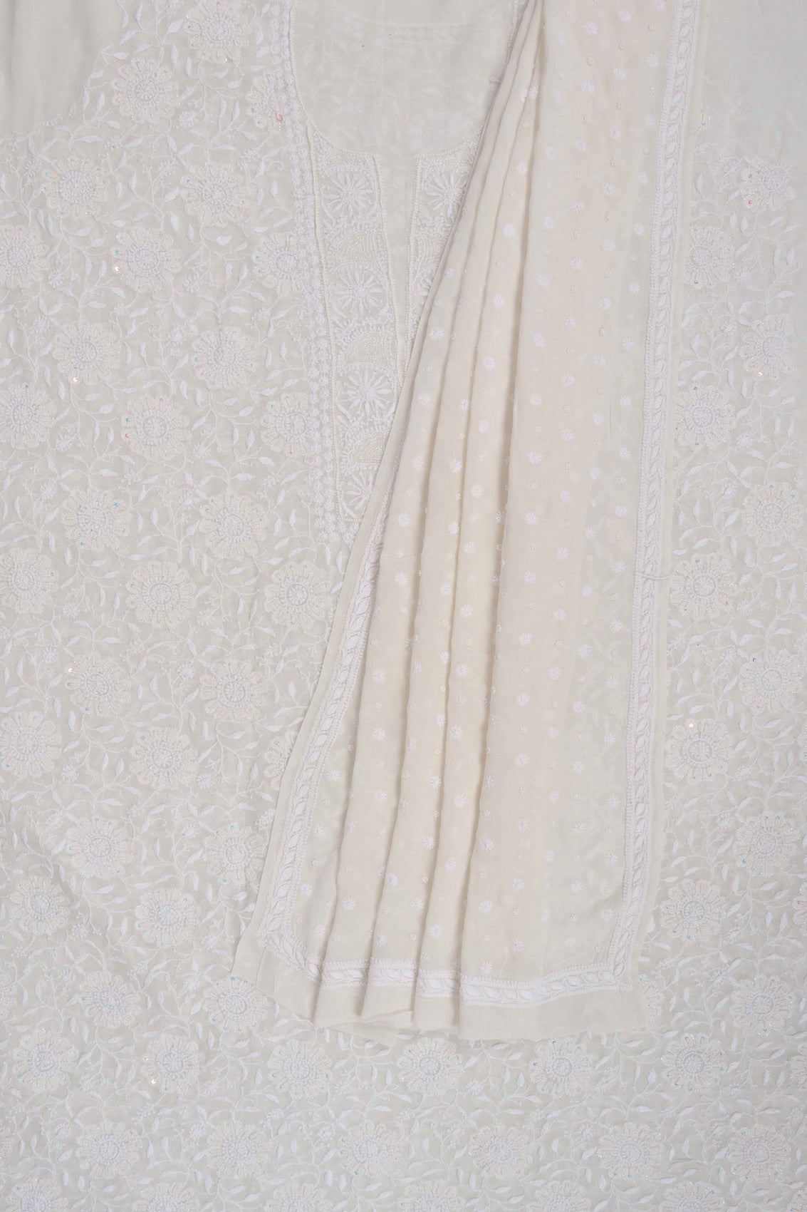 Ada Hand Embroidered White Pure Georgette Lucknowi Chikankari Unstitched Kurta Dupatta Set With Pearl Work 01A186865