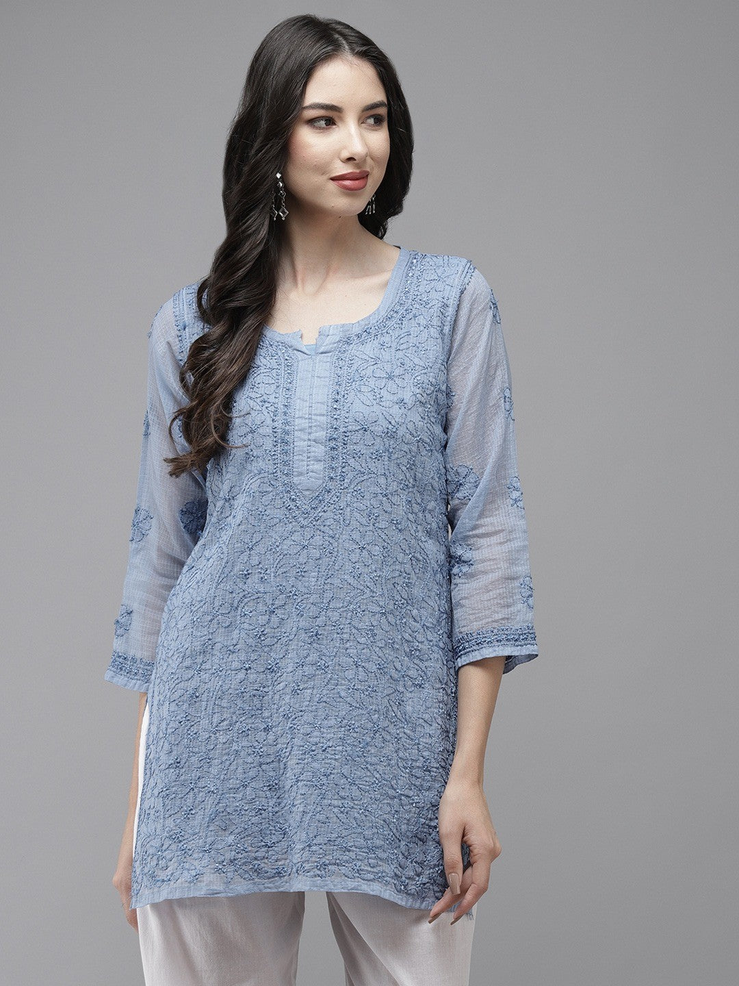 Ada Hand Embroidered Blue Kota Lucknow Chikan Kurti With Slip A911182