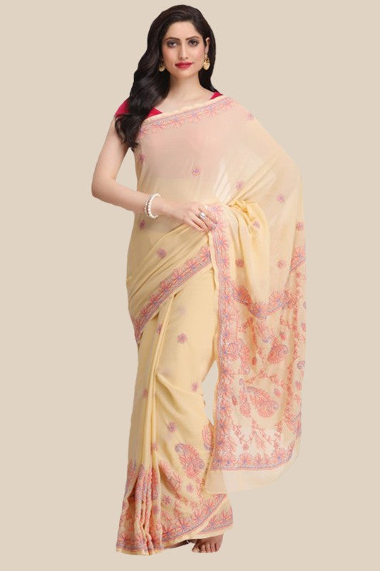 Ada Hand Embroidered Fawn Georgette Lucknowi Chikankari Saree With Blouse A159296