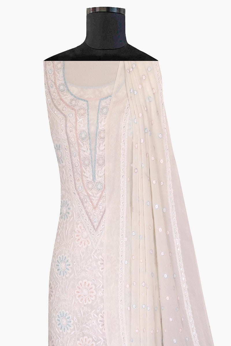 Ada Hand Embroidered White Pure Georgette Lucknowi Chikan Unstitched Kurta Dupatta Set With Pearl & Sequinnned Work-A453585