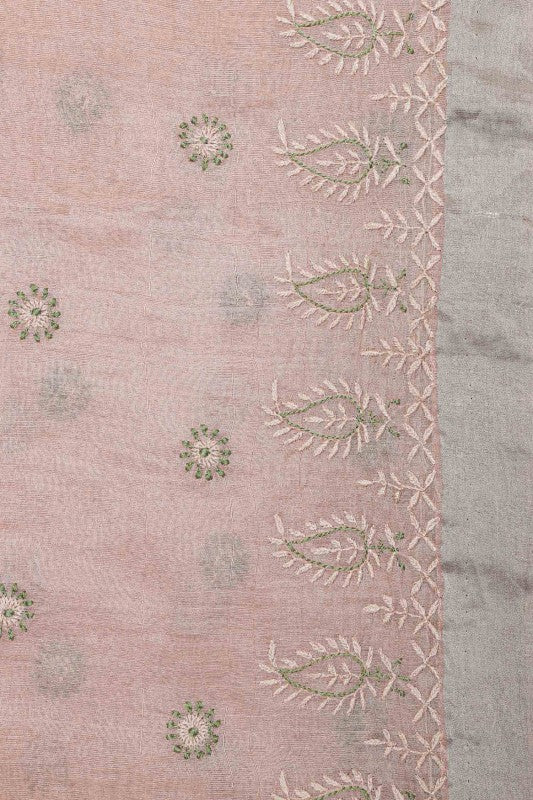 Ada Hand Embroidered Powder Pink Tusser Silk Lucknow Chikan Saree With Blouse-A615156