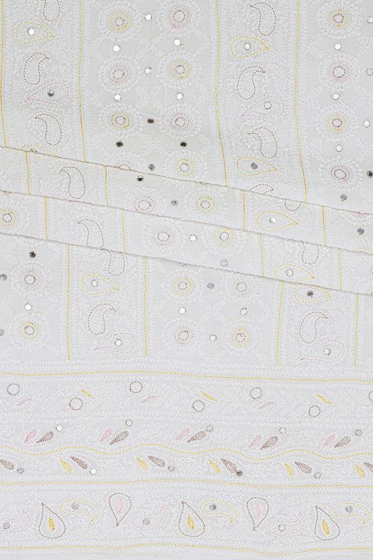 Ada Hand Embroidered White Georgette Lucknowi Chikan Unstitched Kurta Piece With Mirror Work A511727