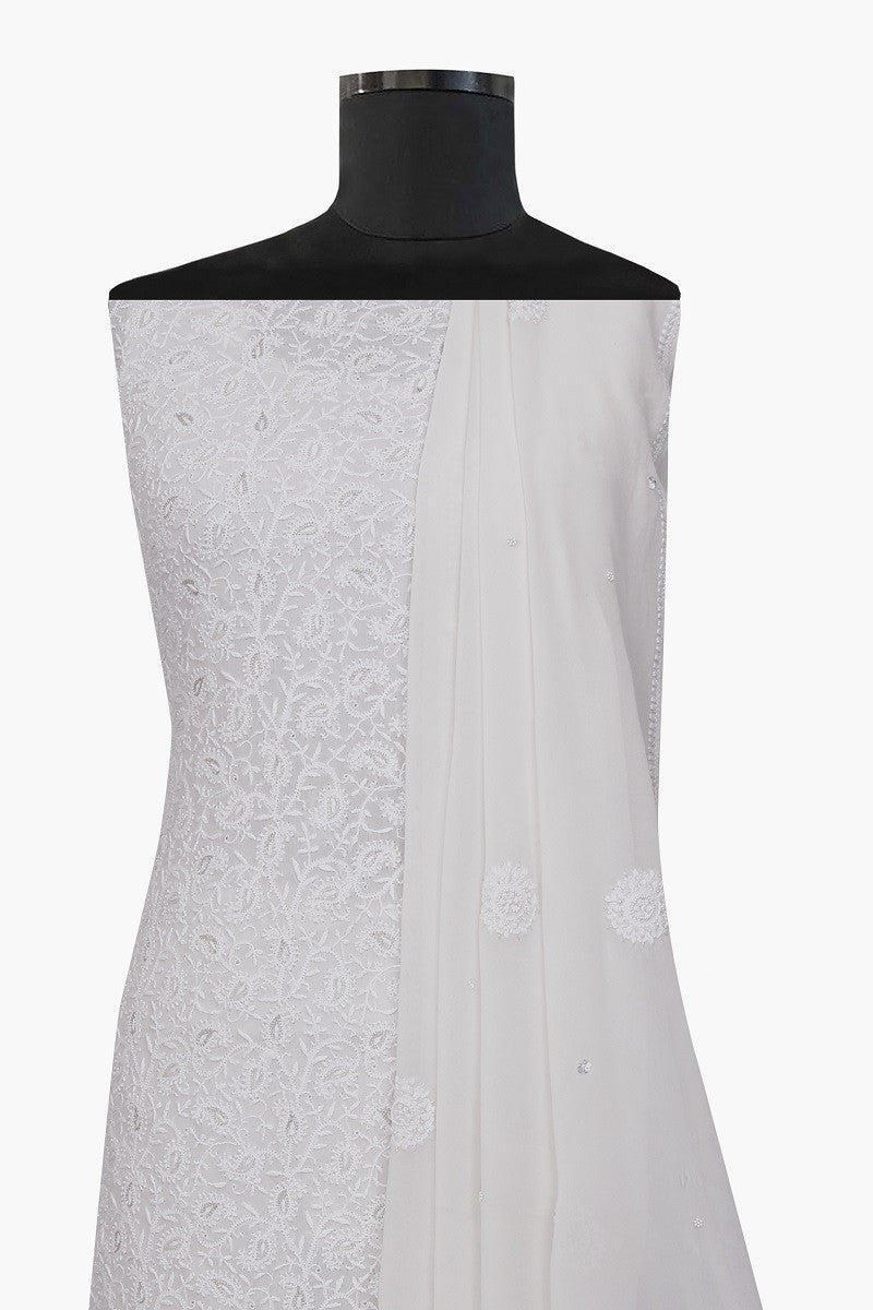 Ada Hand Embroidered White Pure Georgette Chikan Unstitched Kurta Dupatta Set With Pearl Work- A425092