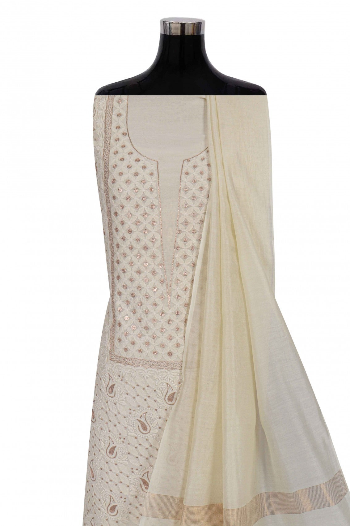 Ada Hand Embroidered Cream Chanderi Lucknowi Chikankari Unstitched Kurta Dupatta Set With Zari Work 01A105826