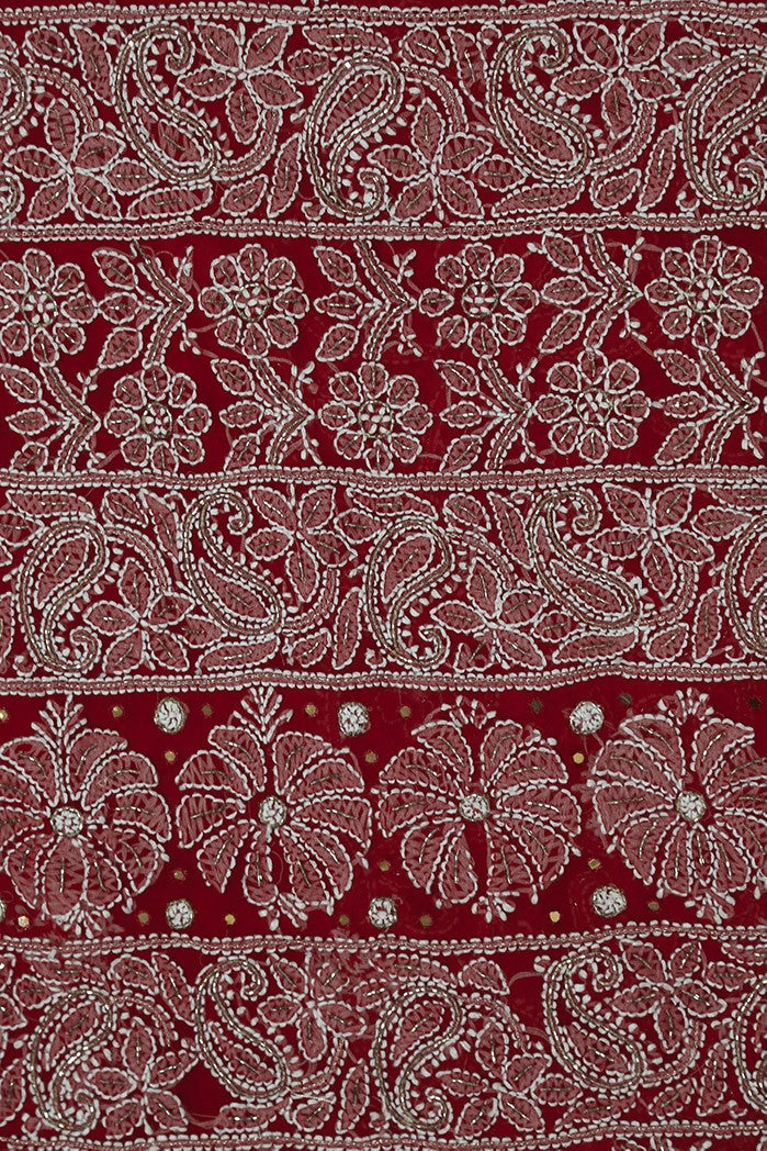 Ada Hand Embroidered Red Georgette Lucknowi Chikankari Saree/Blouse With Zari work A568660
