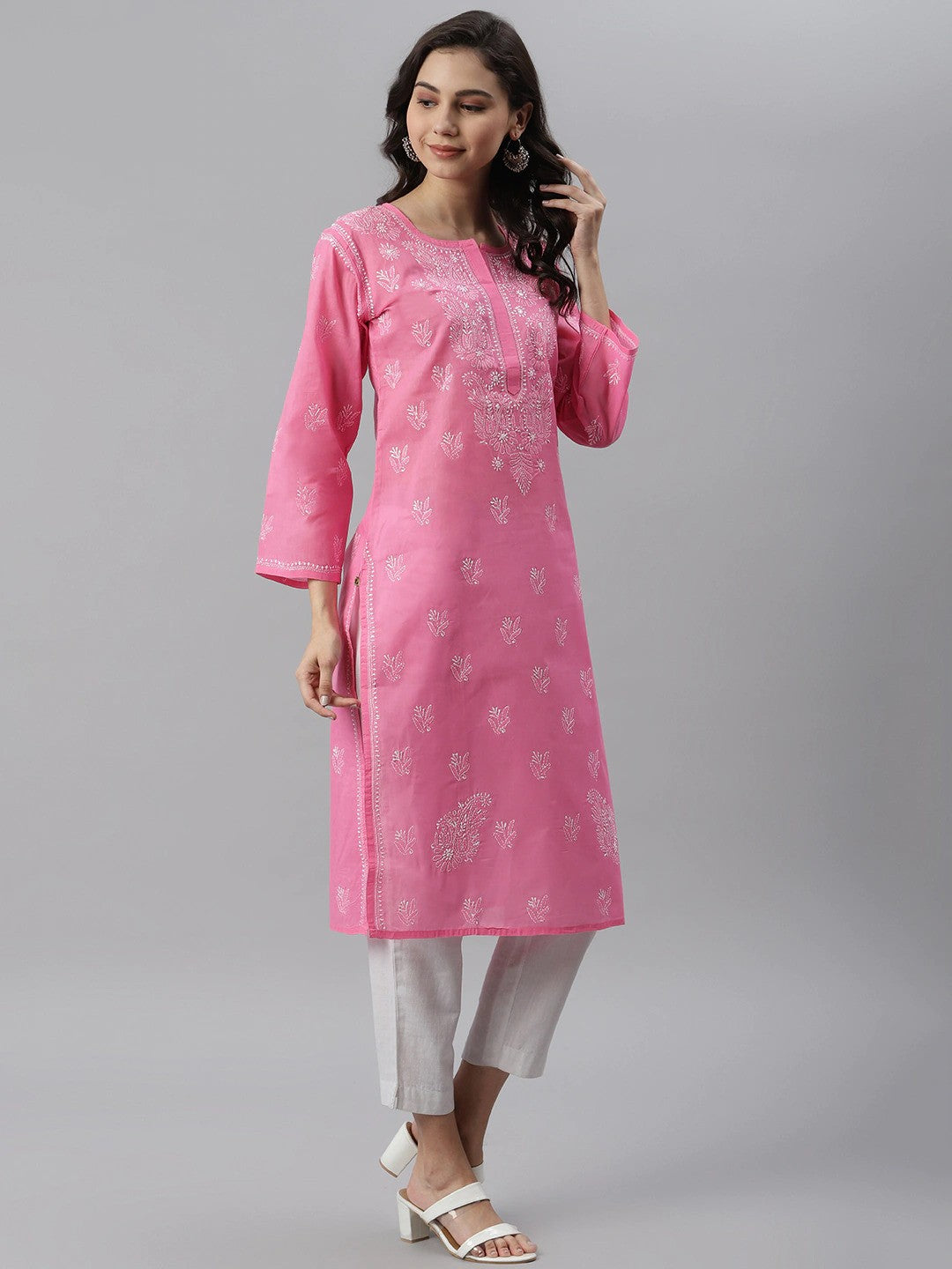 Ada Hand Embroidered Pink Cotton Lucknowi Chikankari Straight Kurta A133537