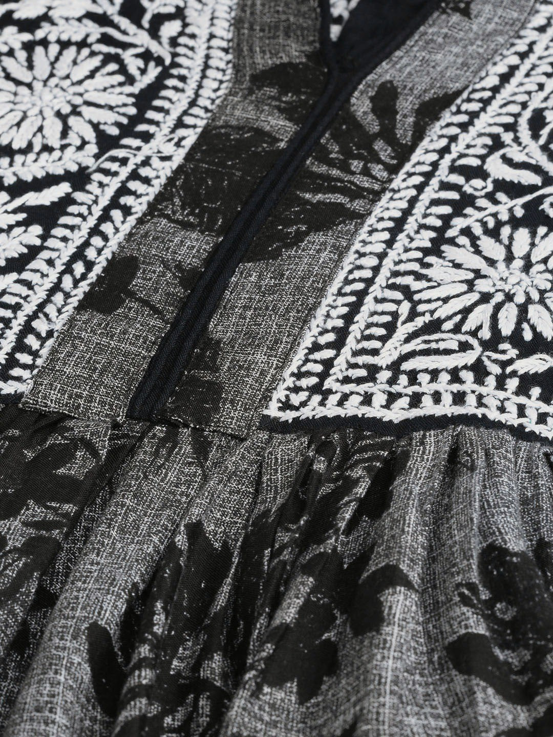 Ada Hand Embroidered Black Cotton Lucknowi Chikankari A Line Kurta A100459