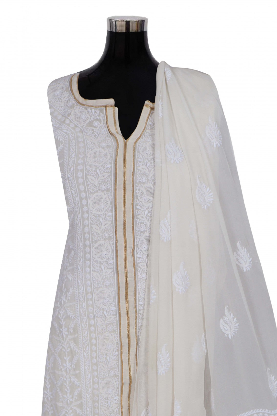 Ada Hand Embroidered Off White Pure Georgette Lucknowi Chikankari Semi-Stitched Suit Set A350967