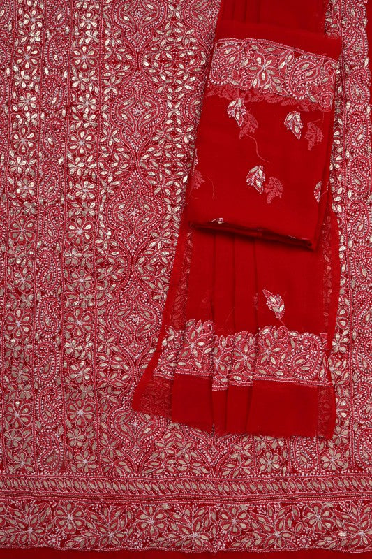 Ada Hand Embroidered Red Georgette Lucknowi Chikan Unstitched Suit Piece with Gota Patti Work A340194
