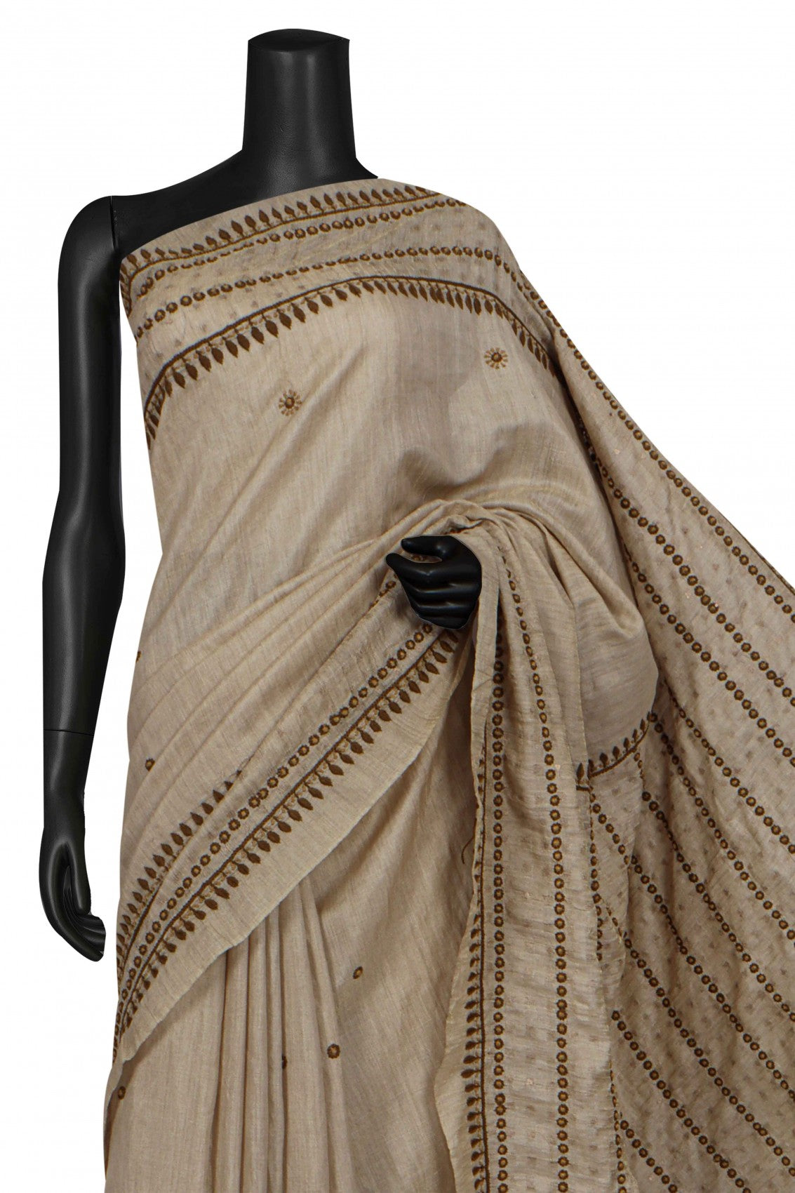 Ada Hand Embroidered Natural Fawn Silk Lucknowi Chikankari Saree With Blouse 01A116402