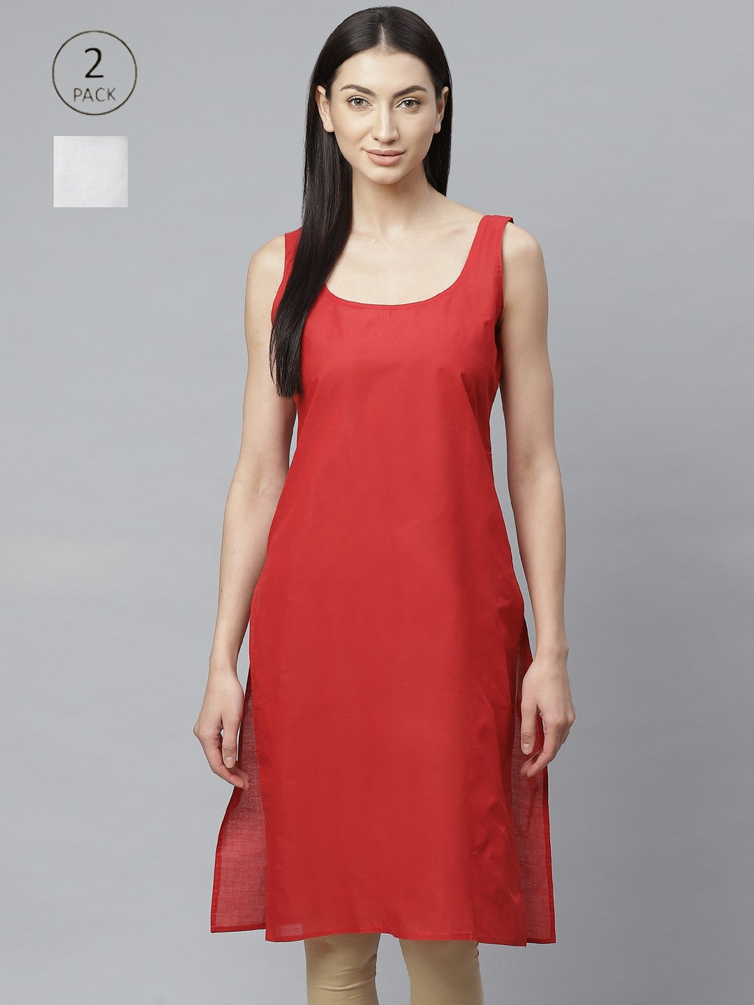 Ada Red and White Cotton Long Slips Combo of 2  A301831.