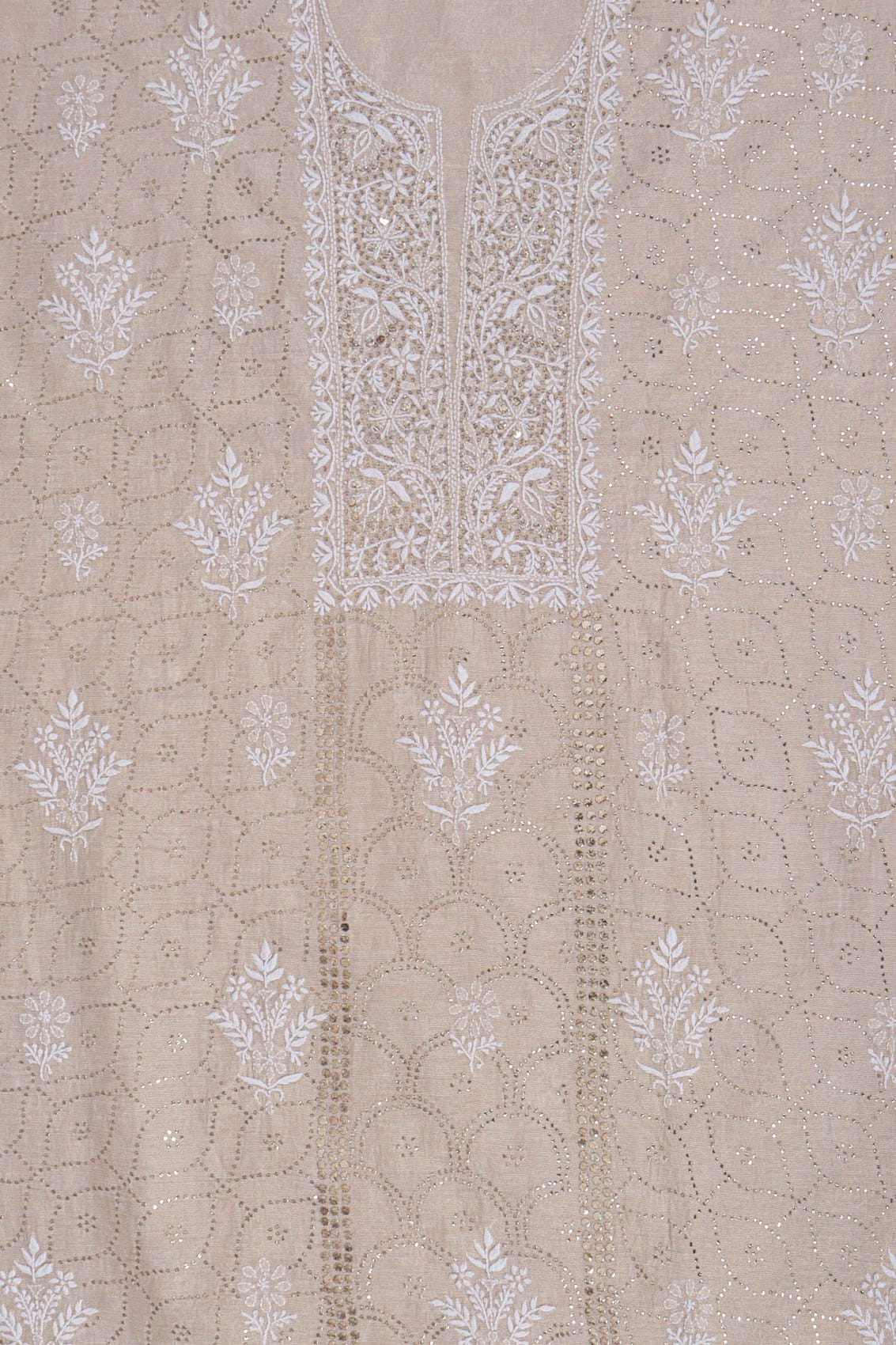 Ada Hand Embroidered Natural Fawn Tissue Lucknowi Chikankari Unstitched Kurta Dupatta Set With Muqaish Work 01A169987