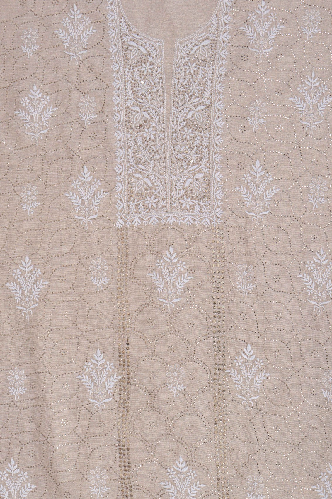 Ada Hand Embroidered Natural Fawn Tissue Lucknowi Chikankari Unstitched Kurta Dupatta Set With Muqaish Work 01A169987