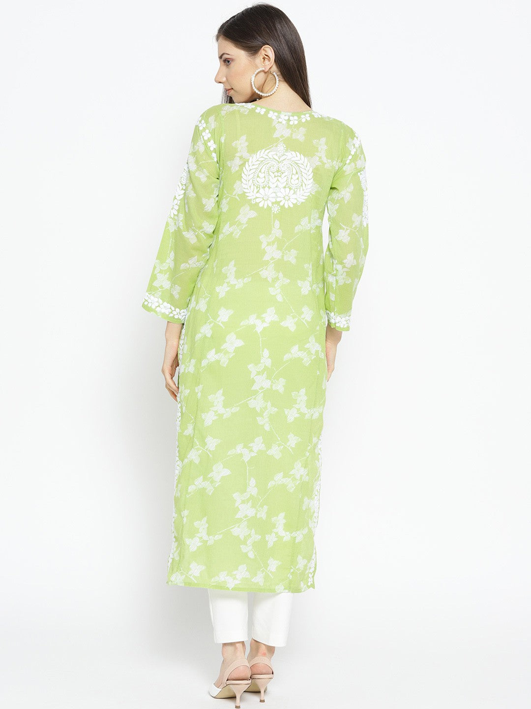 Ada Hand Embroidered Green Cotton Lucknowi Chikankari Straight Kurta A100113