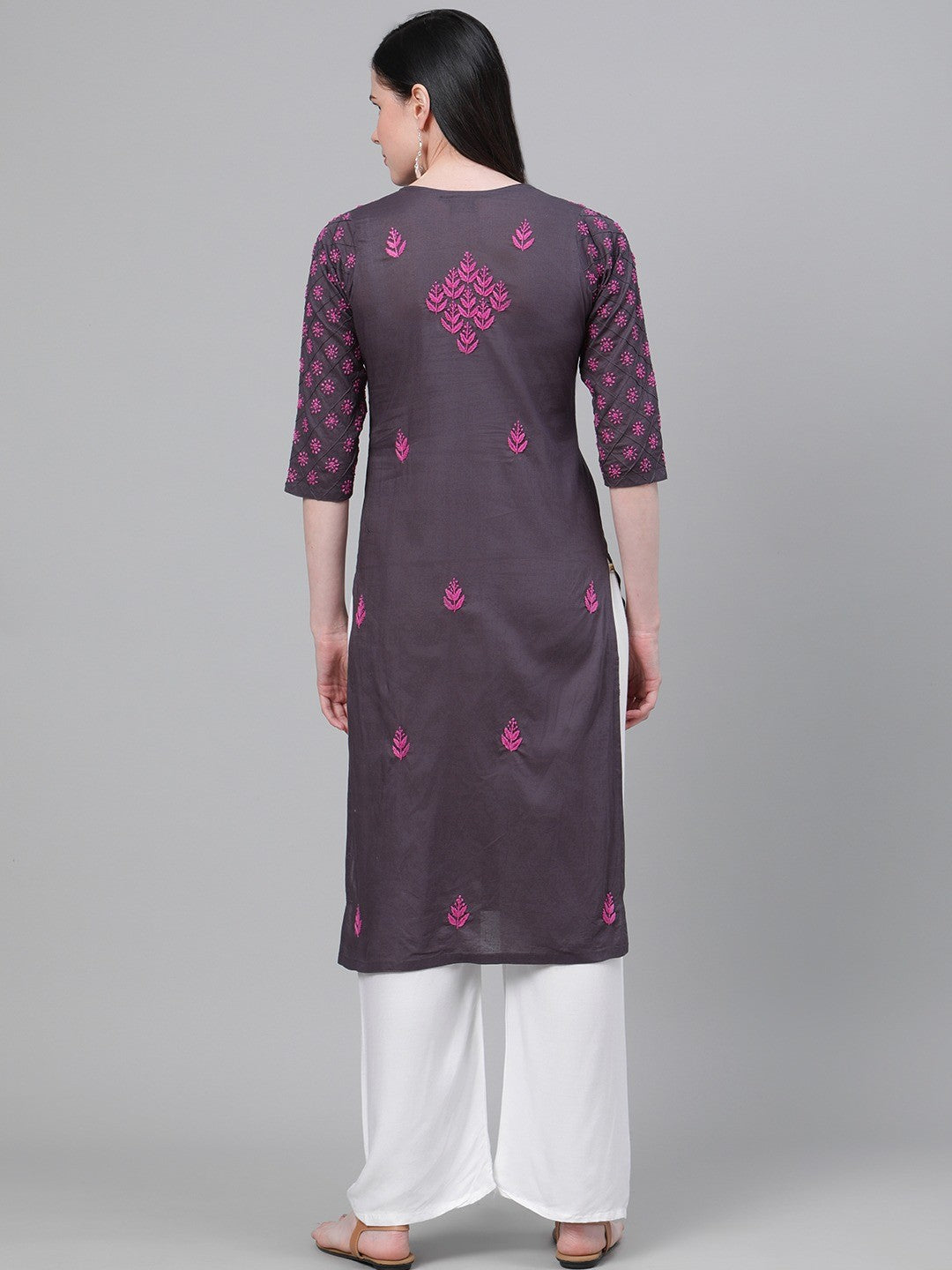 Ada Hand Embroidered Grey Cotton Lucknowi Chikankari Straight Kurta A411147