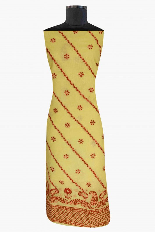 Ada Hand Embroidered Corn Yellow Kota Lucknowi Chikan Unstitched Kurta Piece - A460794