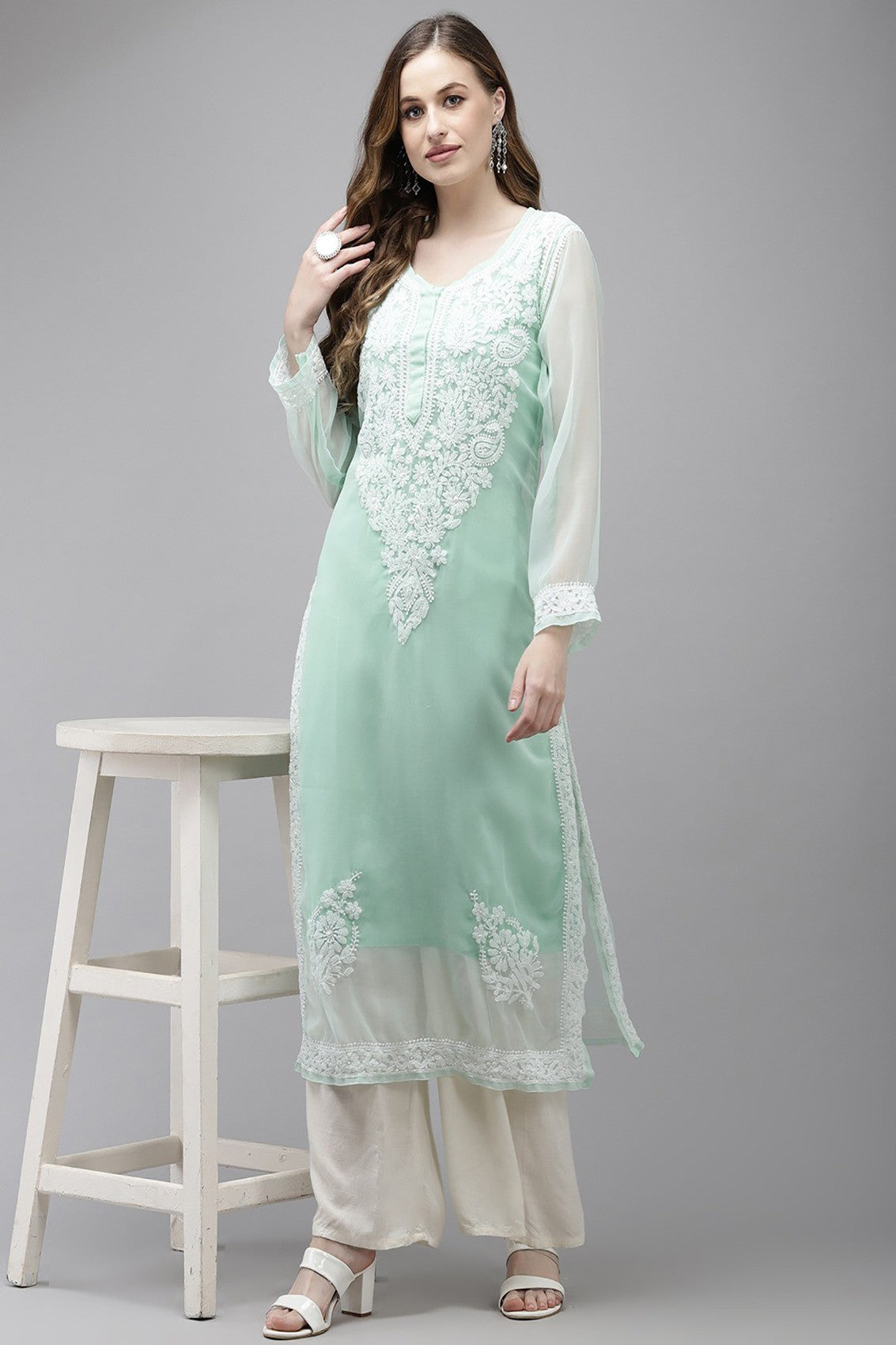 Ada Hand Embroidered Sea Green Georgette Lucknow Chikan Straight Kurta with Slip A411363