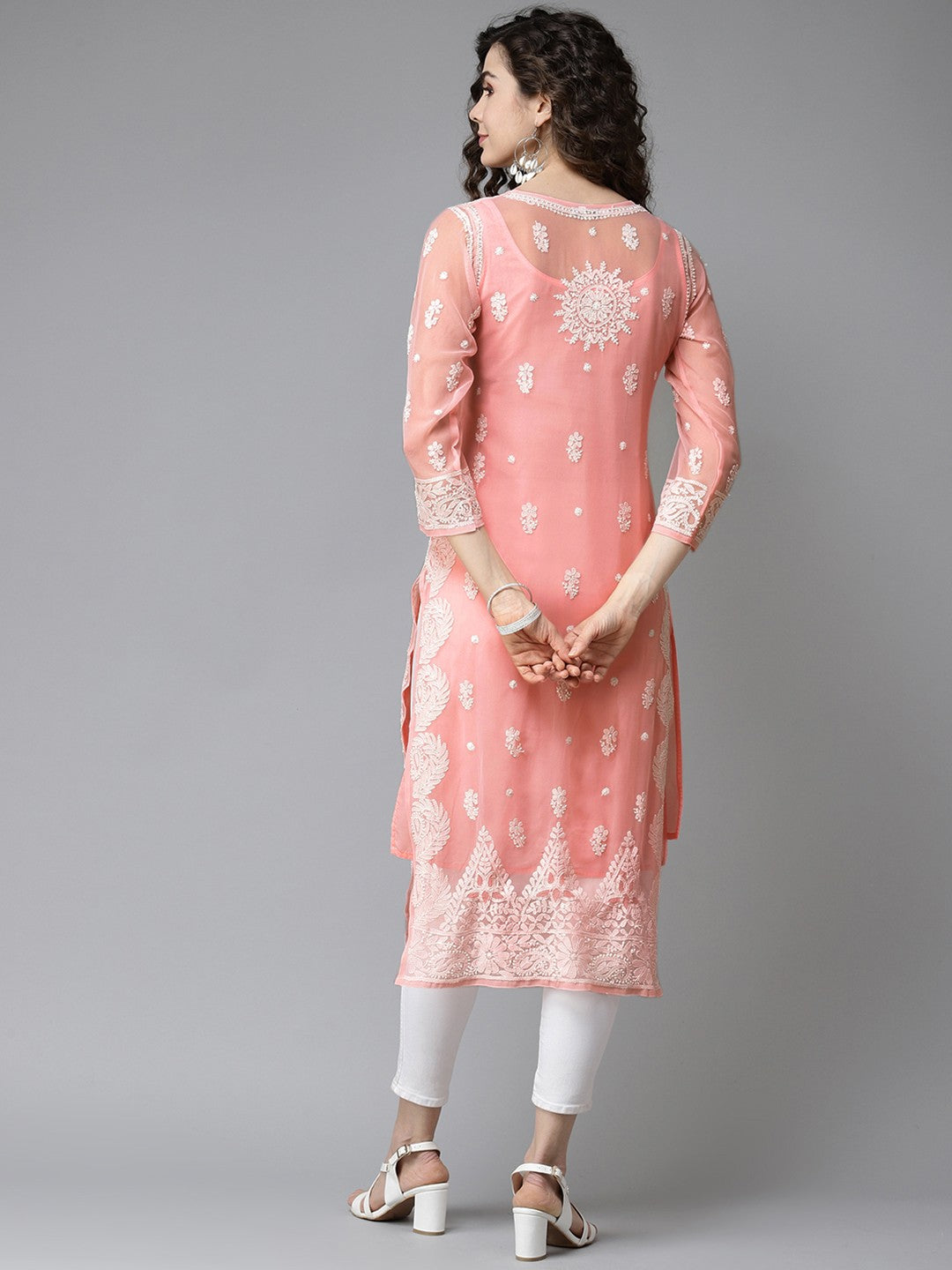 Ada Hand Embroidered Peach Georgette Lucknowi Chikankari Straight Kurta With Slip A411194