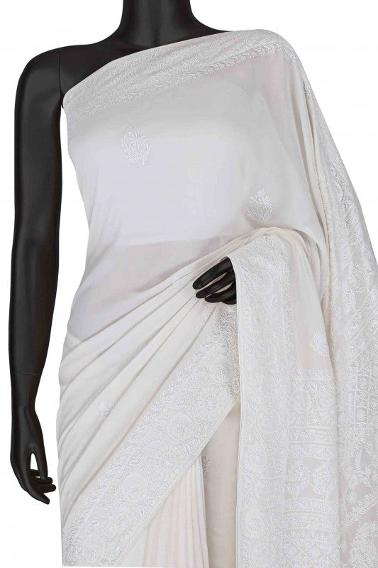 Ada Hand Embroidered White Pure Georgette Lucknow Chikan Saree with Blouse A342799