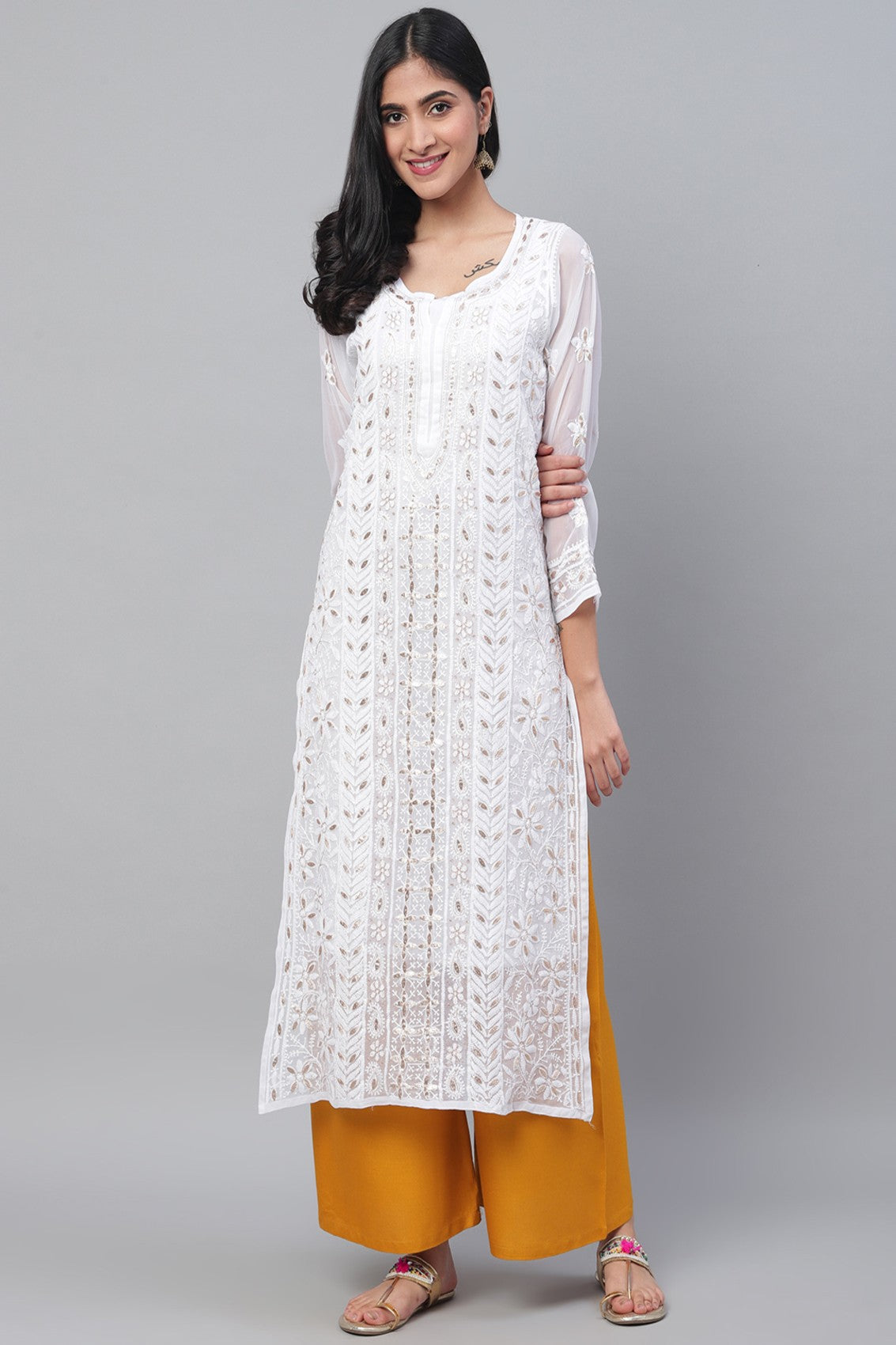 Ada Hand Embroidered White Georgette Lucknowi Chikankari Straight Kurta/Slip with Gota patti Work A411114