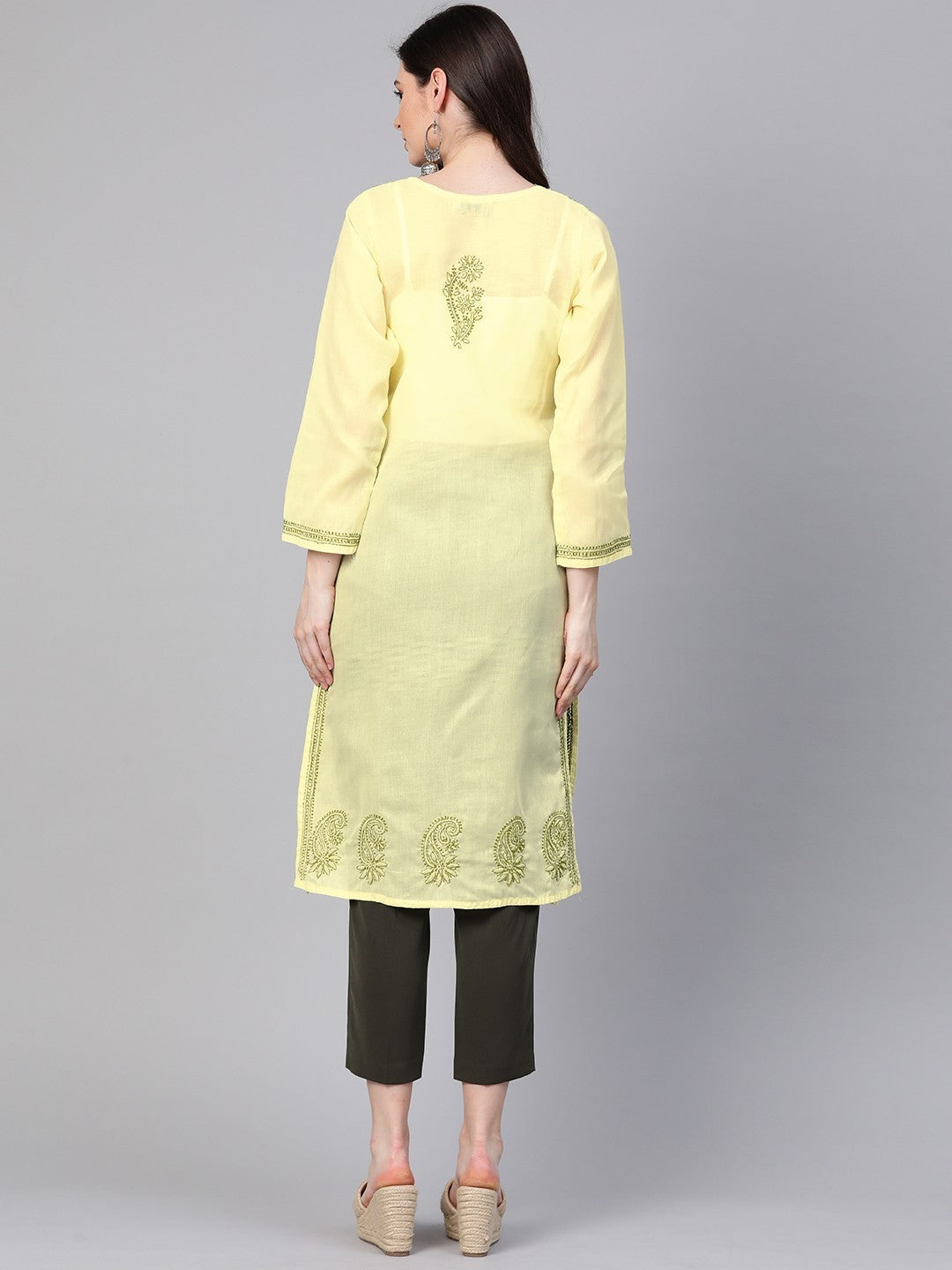 Ada Hand Embroidered Lemon Cotton Lucknowi Chikankari Kurta Straight A100370