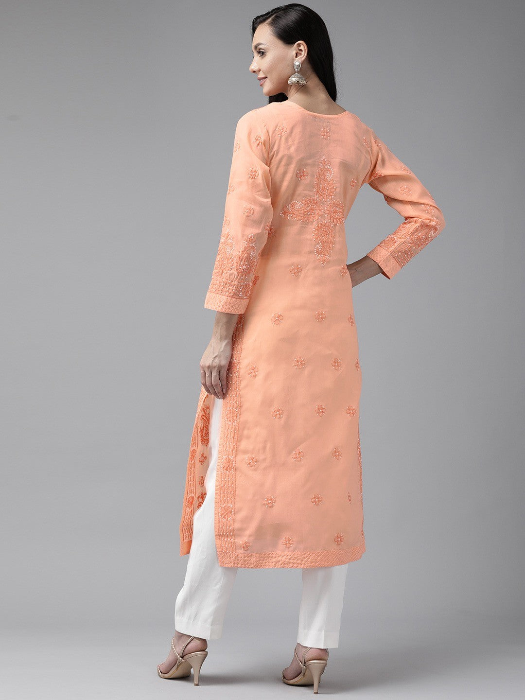 Ada Hand Embroidered Peach Cotton Lucknow Chikankari Straight Kurta A233843