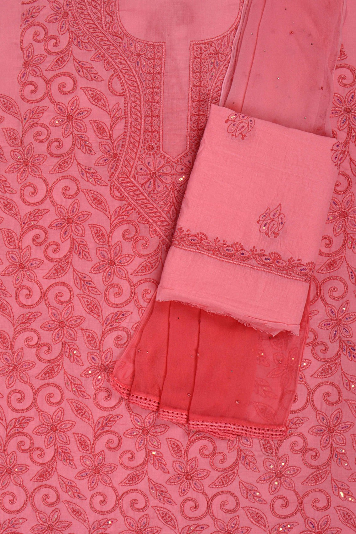 Ada Hand Embroidered Peach Cotton Lucknowi Chikankari Unstitched Suit Piece With Pearl Work 01A209952