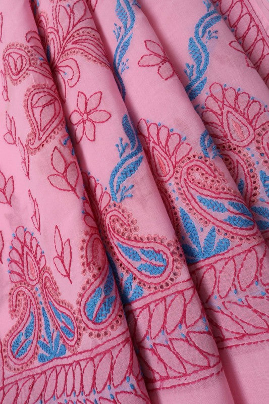 Ada Hand Embroidered Pink Cotton Lucknowi Chikankari Saree With Blouse A186039