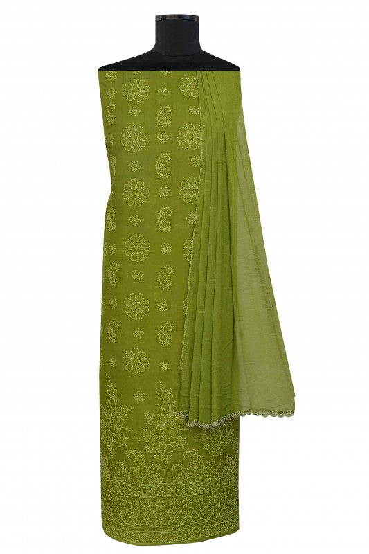 Ada Hand Embroidered Green Cotton Lucknowi Chikan Unstitched Suit Piece–A100194