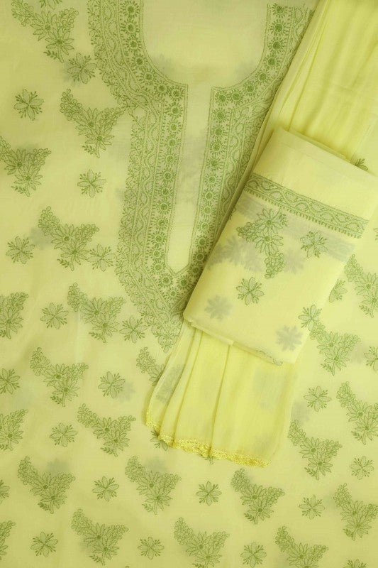 Ada Hand Embroidered Lemon Cotton Lucknowi Chikan Unstitched Suit Piece-A211147