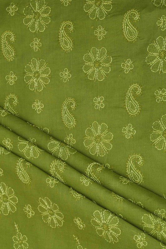 Ada Hand Embroidered Green Cotton Lucknowi Chikan Unstitched Suit Piece–A100194