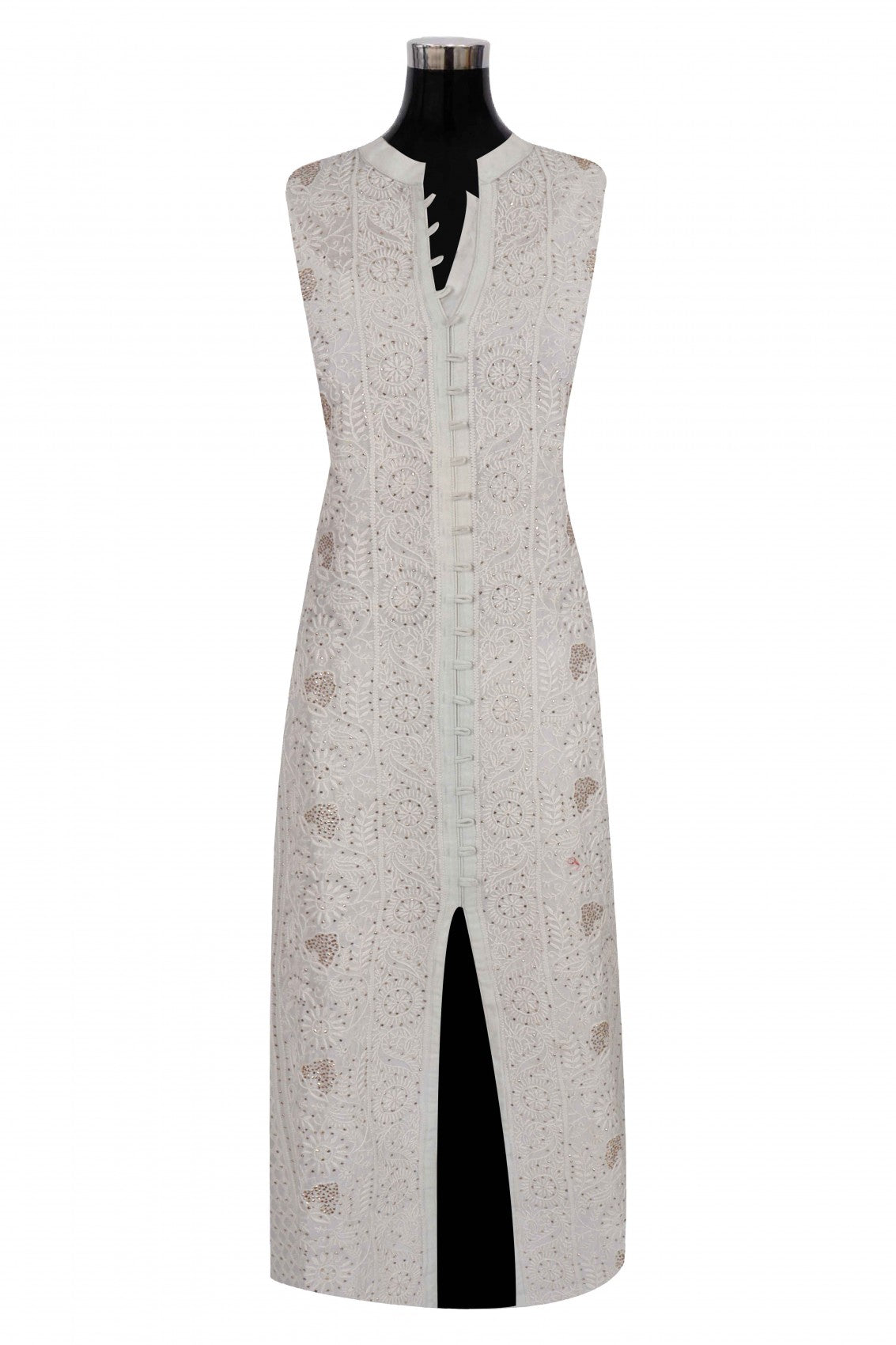 Ada Hand Embroidered Abalone Grey Chanderi Lucknowi Chikankari Semi-Stitched Anarkali Kurta Dupatta Set With Muqaish Work A595039