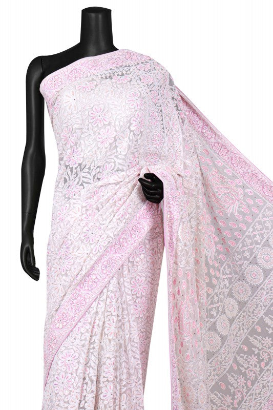 Ada Hand Embroidered White Net Lucknowi Chikankari Saree/Blouse With Pearl Work A1156