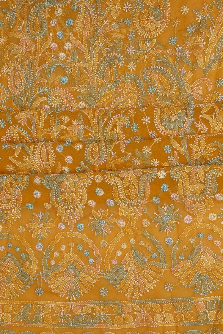 Ada Hand Embroidered Mustard Georgette Lucknowi Chikan Unstitched Suit Piece A211173