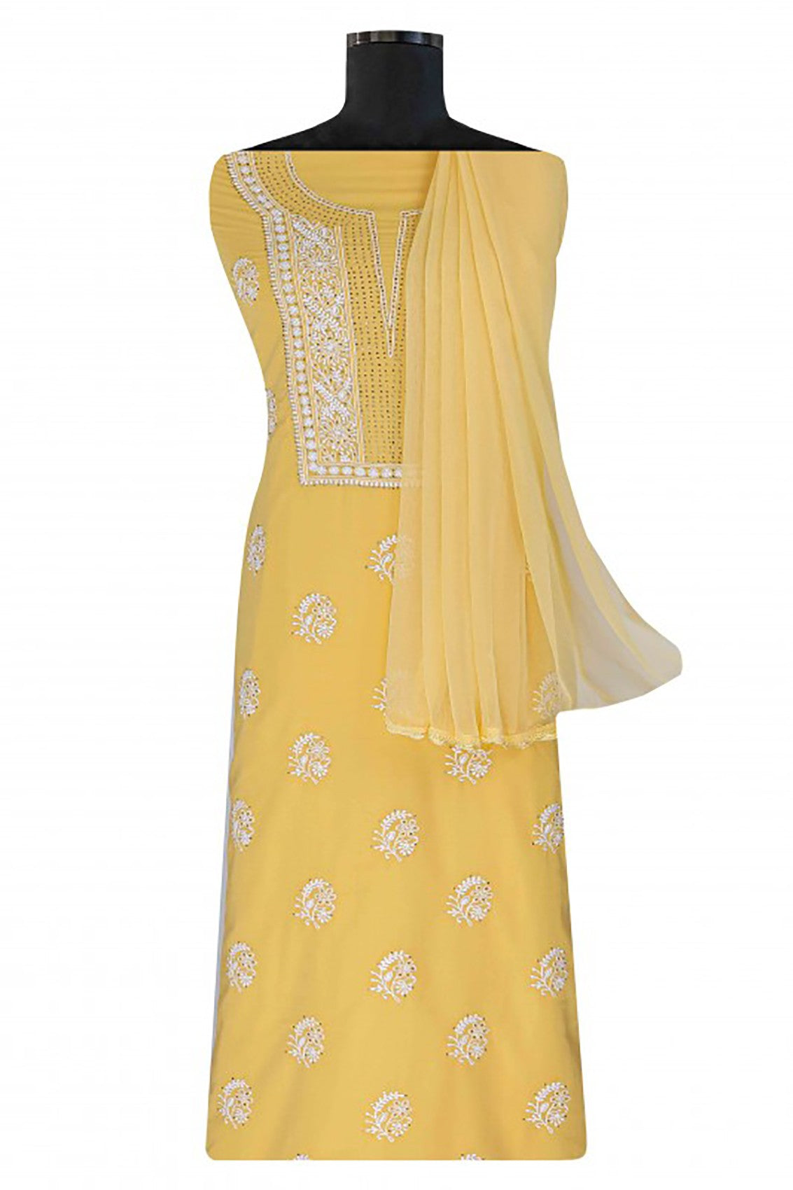 Ada Hand Embroidered Yellow Cotton Lucknowi Chikankari Unstitched Suit Piece With Muqaish Work A577384