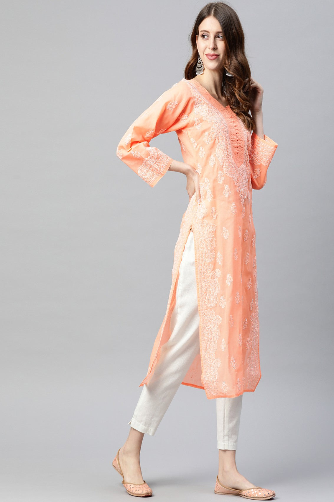 Ada Hand Embroidered Peach Cotton Lucknowi Chikankari Straight Kurta A236287