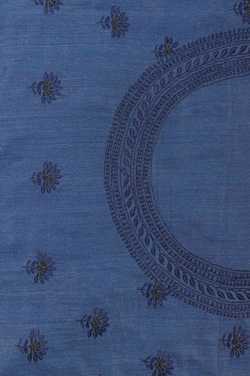 Ada Hand Embroidered Yale Blue Cotton Lucknow Chikan Saree With Blouse-A128656